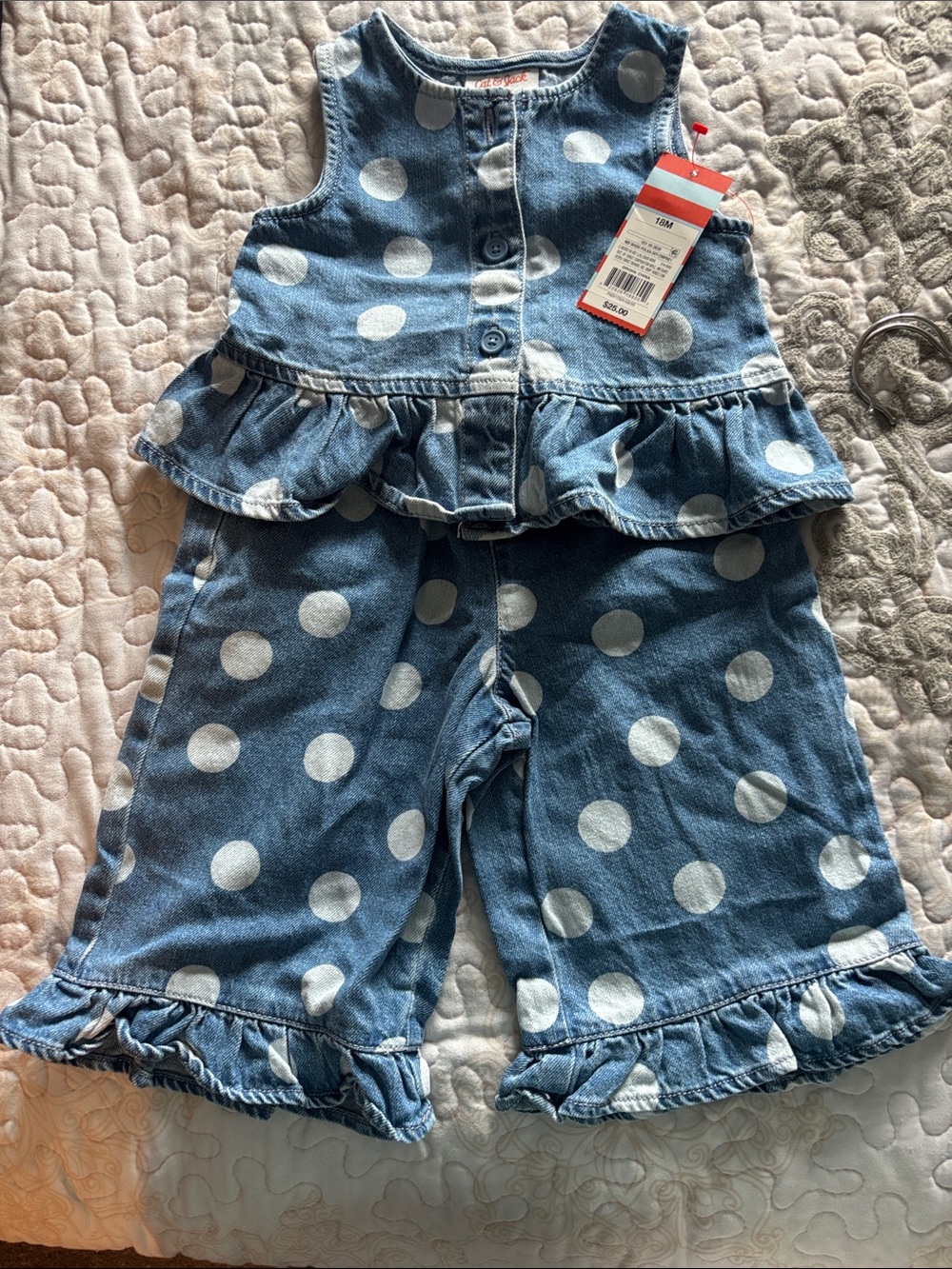 Polka Dot Denim Peplum shirt and Pants Set - Blue - 18M